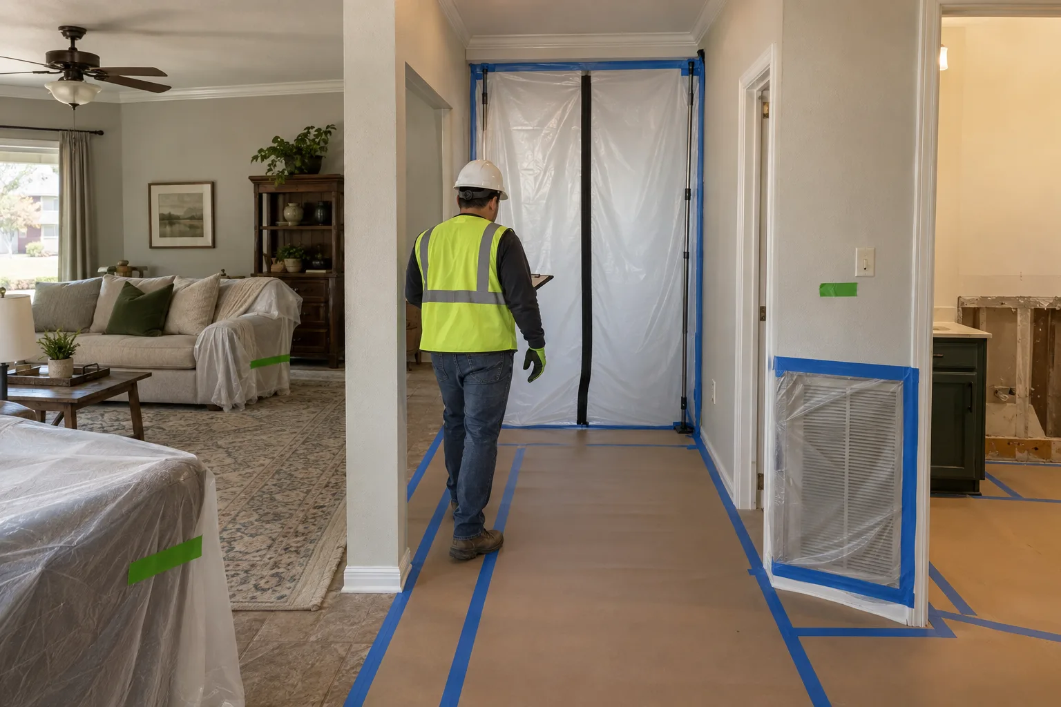 Protected work area prepared for selective interior demolition